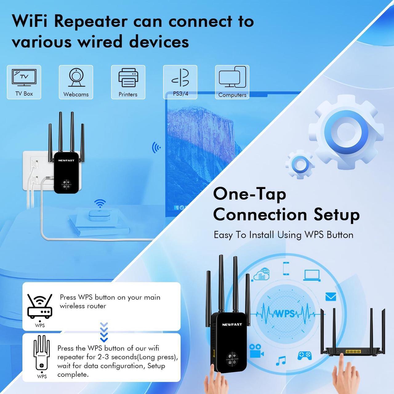 Alt view image 4 of 5 - NEWFAST AC1200 WiFi Extender,1.2Gbps WiFi Extender Signal Booster for Home,Dual Band Wireless Repeater, 5GHz/2.4GHz Internet Booster Amplifier with 4 Antenna,4 Mode, Compact Design(NF-RE523)