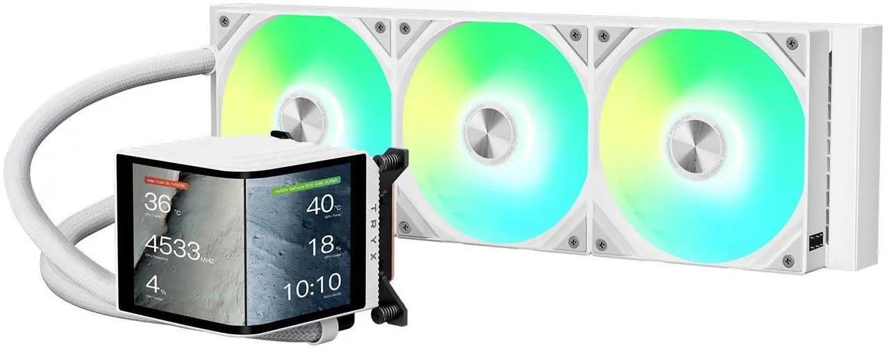Main image of TRYX Panorama 360 ARGB White 360mm AIO 6.5'' AMOLED Curved Screen 3D Anamorphic Effect Customizable AIO Cooler 360mm Asetek 8th Gen V2 320w TDP Magnetic ARGB Fan Intel LGA 1851/1700 AMD AM5/AM4