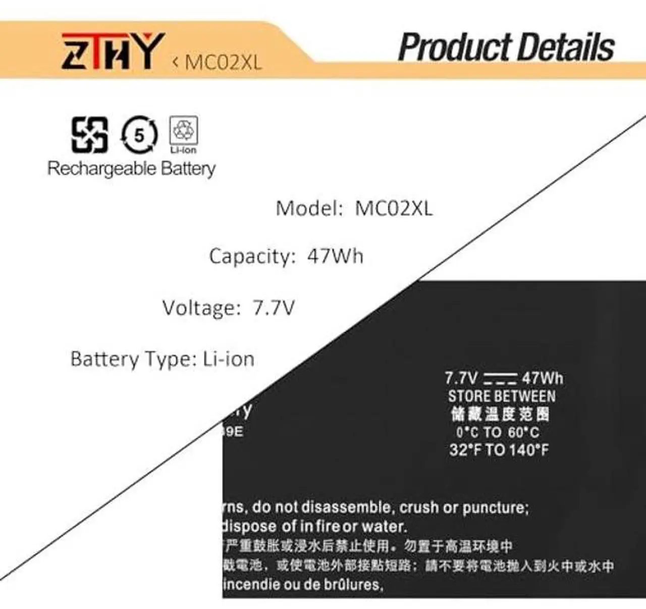 Alt view image 3 of 5 - ZTHY MC02XL MR02XL Laptop Battery Replacement for HP Elite X2 G4, Elite X2 G8 Series Notebook HSTNN-DB9E TPN-DB0G L45645-2C1 L46601-005 7.7V 47Wh 2-Cell