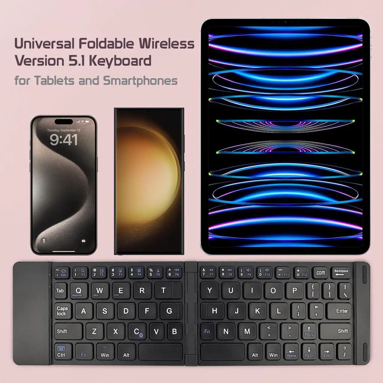 Alt view image 4 of 5 - Portable Bluetooth Wireless Keyboard with Phone Holder Stand - Rechargeable Folding Board - Smartphone and Tablet Key Board Full Size Compatible to iPhone, iPad, Galaxy, Pixel