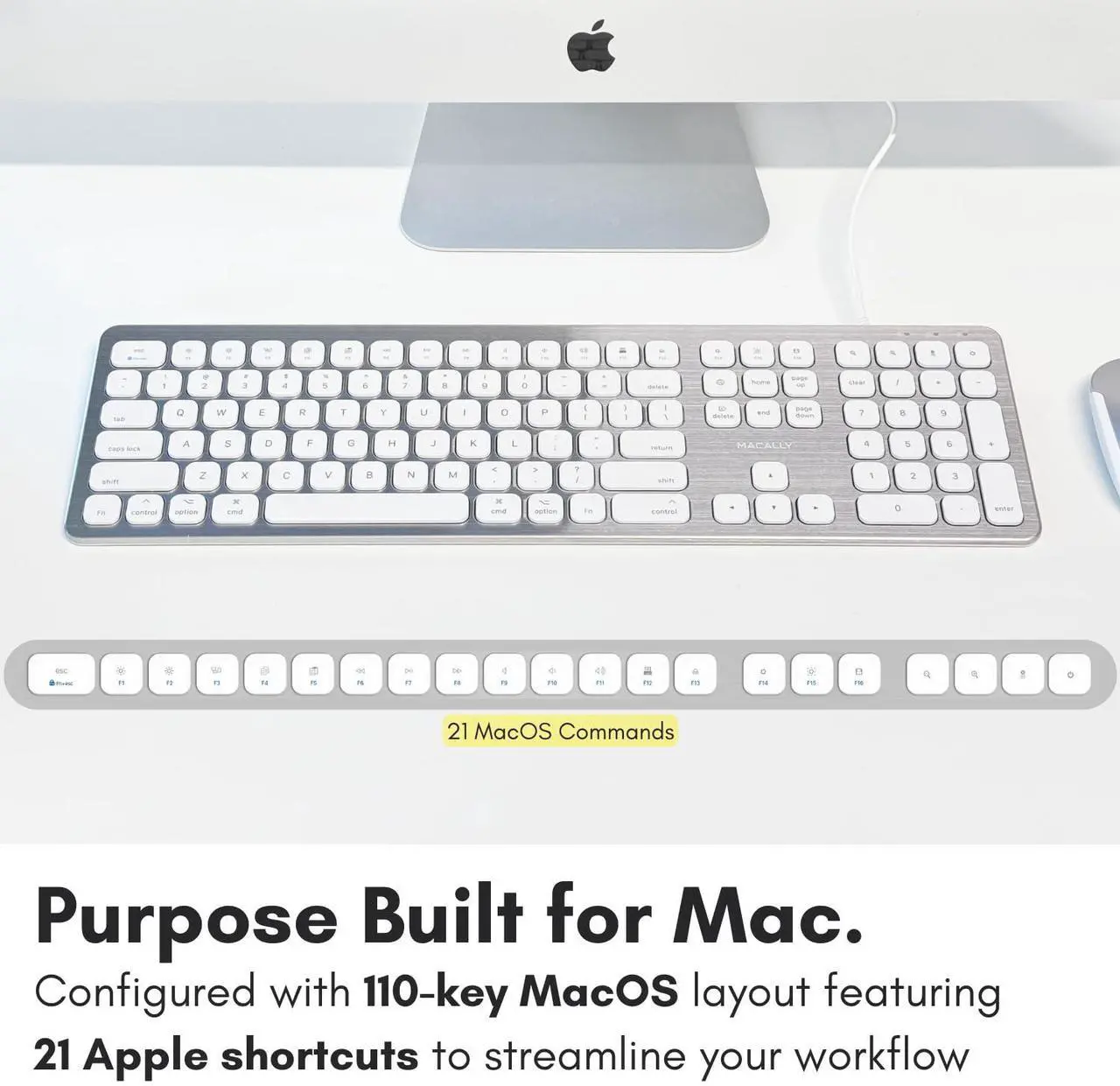 Alt view image 4 of 5 - Macally Wired Keyboard for Mac with USB Ports for Mouse - Compatible Apple Keyboard for MacBook Pro/Air, iMac - Aluminum Frame
