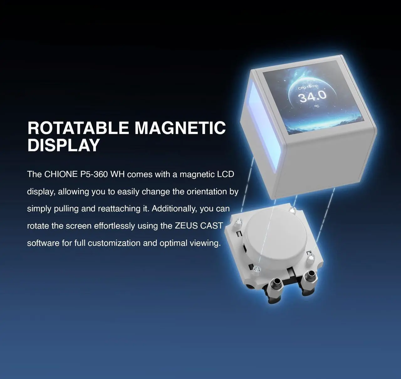 Alt view image 5 of 5 - GAMDIAS CHIONE P5 360mm AIO CPU Liquid Cooler, Rotatable Magnetic 3.4 IPS LCD Screen Display, Fully Customizable w/Software, Hidden Cable Design, 3 x 120mm ARGB PWM Fan, Intel LGA 1851/AMD AM5, White