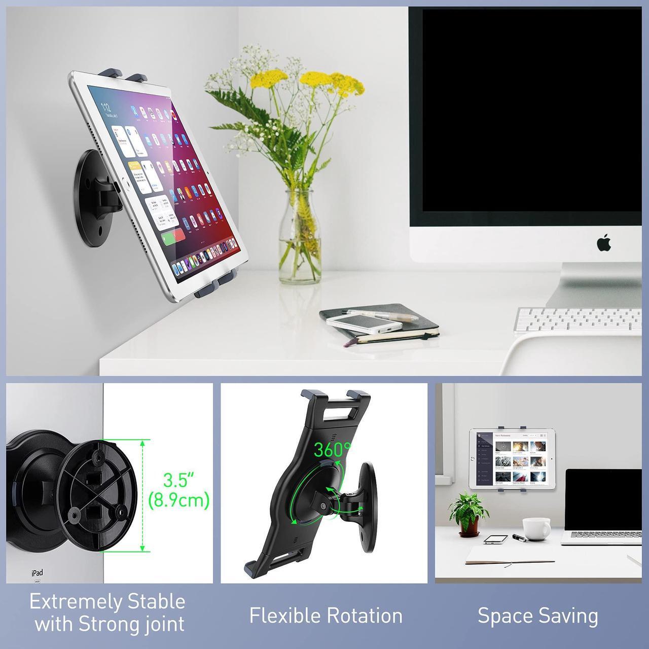 Alt view image 4 of 5 - AboveTEK iPad Wall Mount, Swivel 360deg Rotating Tablet Holder, Adjustable Arm Fits 6-13" Tablets Like iPad Pro/Air/Mini, Galaxy Tab, Secure Bracket for Kitchen, Office, Retail (Black)