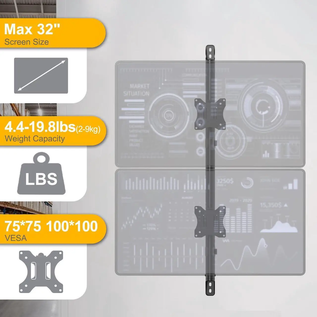 Alt view image 3 of 5 - PUTORSEN Dual Monitor Wall Mount - Vertical Stacked Monitor Wall Mount for 17-32 inch Screens,Holds up to 19.8 lbs per Monitor,VESA 75x75/100x100mm,Black