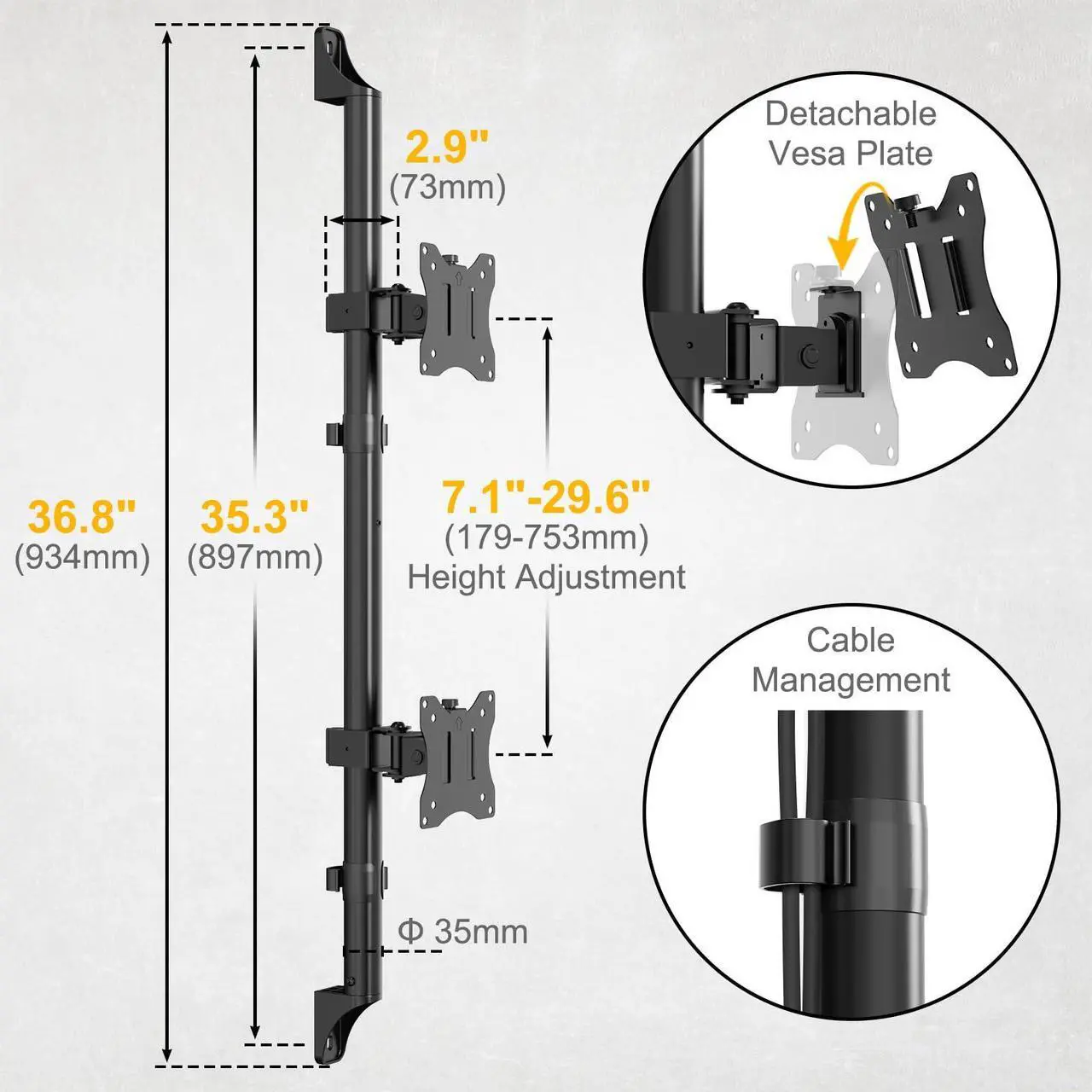 Alt view image 5 of 5 - PUTORSEN Dual Monitor Wall Mount - Vertical Stacked Monitor Wall Mount for 17-32 inch Screens,Holds up to 19.8 lbs per Monitor,VESA 75x75/100x100mm,Black