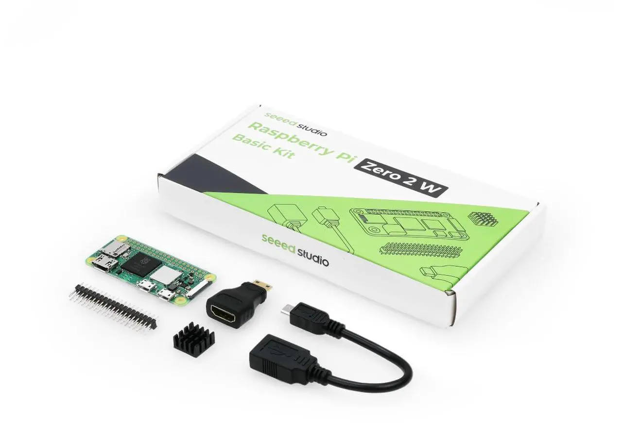 Main image of Raspberry Pi Zero 2 W Basic Kit, Header, Heatsink, USB Cable, HDMI Adapter (with Quad-core CPU,Bluetooth 4.2,BLE,onboard Antenna,etc.)
