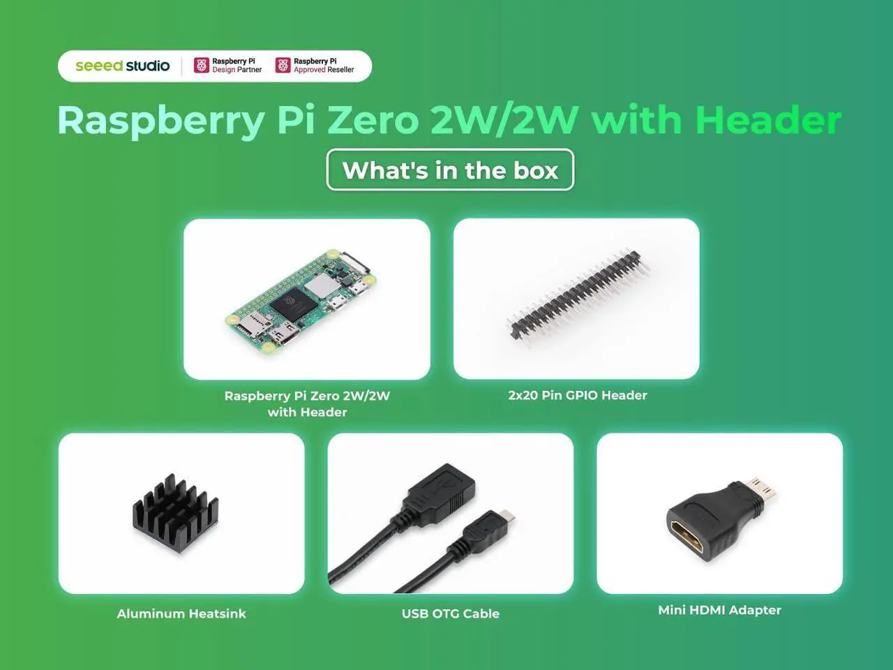 Alt view image 2 of 5 - Raspberry Pi Zero 2 W Basic Kit, Header, Heatsink, USB Cable, HDMI Adapter (with Quad-core CPU,Bluetooth 4.2,BLE,onboard Antenna,etc.)