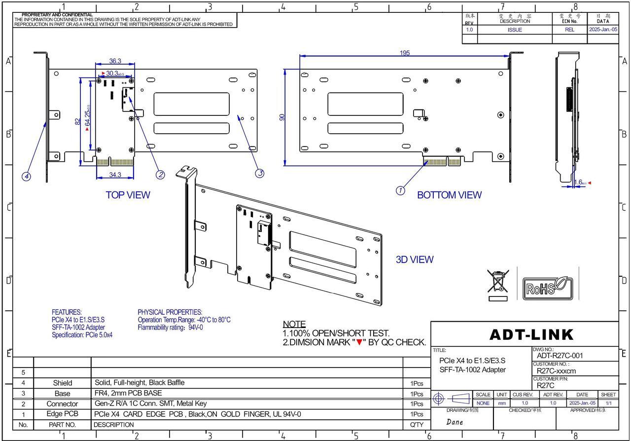 Alt view image 3 of 5 - JMT ADT-R27 PCIe 5.0 x4 to U.2/U.3/E1.S/E3.S Hard Disk Adapter 128G/bps with Bracket Compatible with EDSFF Hard Disk Drive (R27C for E1.S/E3.S)
