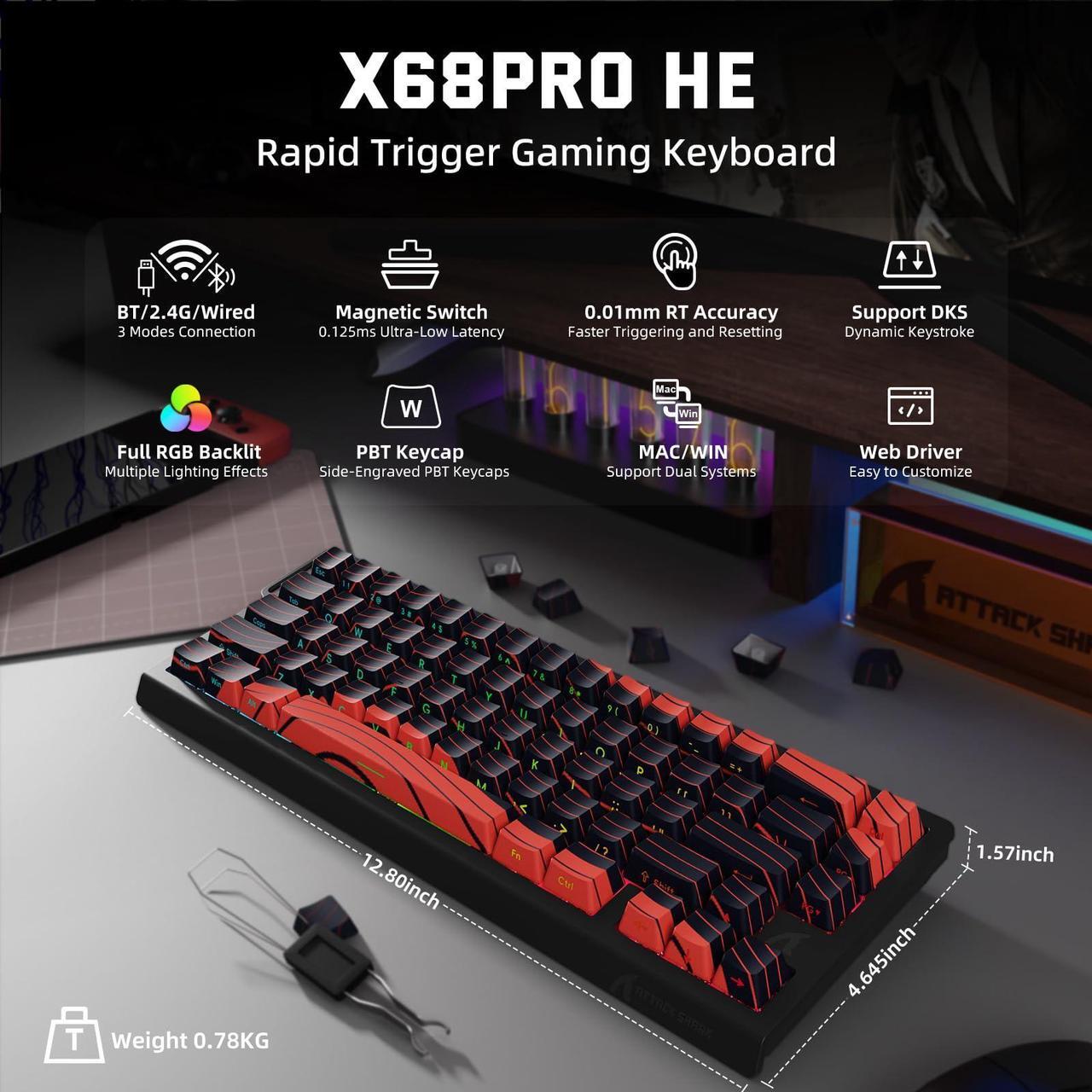 Alt view image 2 of 5 - ATTACK SHARK X68 PRO HE Wireless Rapid Trigger Gaming Keyboard with Adjustable Actuation,8K Polling Rate,Hall Effect Magnetic Switch,Hot-Swap,RGB Backlit,BT/2.4GHz/Wired,for FPS Games-Black&Red