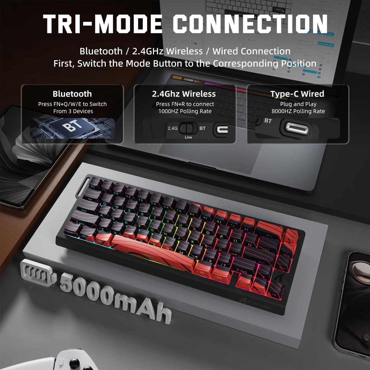 Alt view image 5 of 5 - ATTACK SHARK X68 PRO HE Wireless Rapid Trigger Gaming Keyboard with Adjustable Actuation,8K Polling Rate,Hall Effect Magnetic Switch,Hot-Swap,RGB Backlit,BT/2.4GHz/Wired,for FPS Games-Black&Red