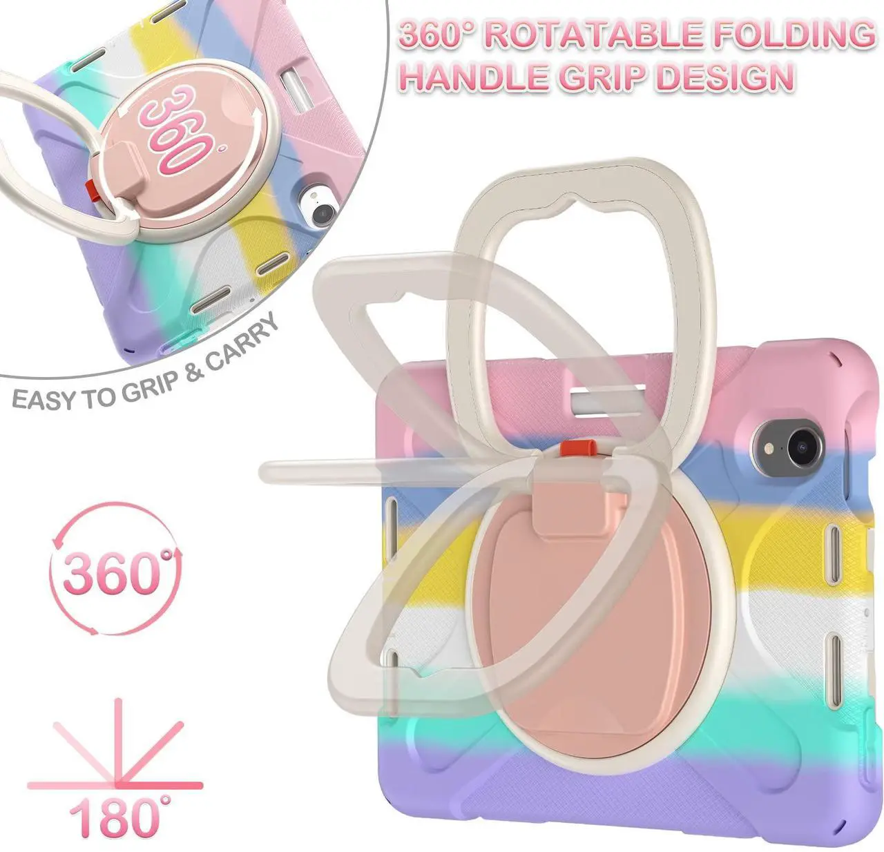 Alt view image 3 of 5 - BATYUE Case for iPad Mini 7 (A17 Pro) 2024/ iPad Mini 6 (A15 Bionic) 2021 8.3 inch, Shockproof Case for iPad Mini 7th/6th Gen with Pencil Holder/ 360deg Swivel Stand/Shoulder Strap - Colourful Pink