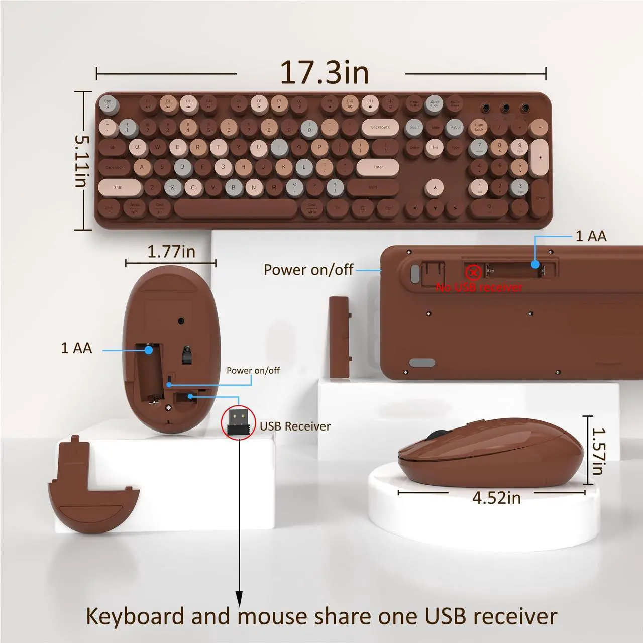 Alt view image 4 of 5 - Links9+ Wireless Keyboard and Mouse, Full-Size Retro Typewriter Keyboard with Round Keycaps, 2.4GHz for Windows, Mac, Laptop, PC, Desktop (Coffee Colorful)