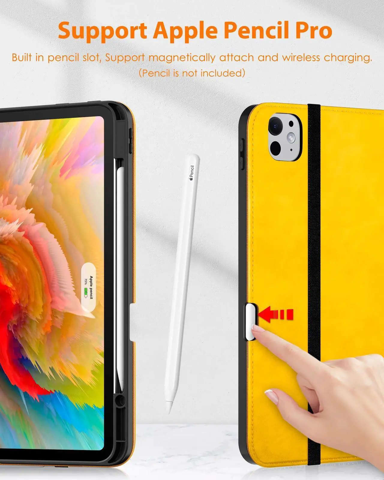 Alt view image 3 of 5 - DTTO for iPad Pro 13 inch Case (M4) 2024, Premium Leather Business Folio Stand Cover with Pencil Holder - Auto Wake/Sleep and Multiple Viewing Angles, Built in Hand Strap & Pocket, Yellow