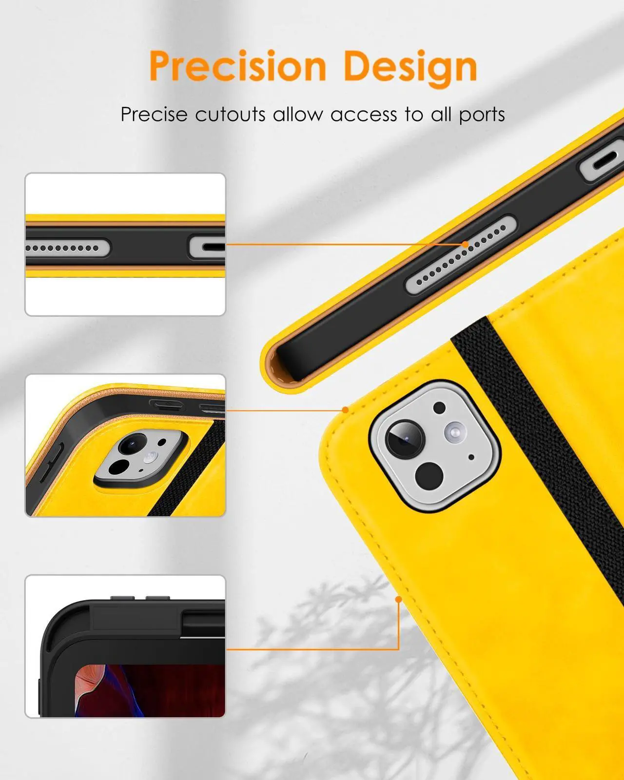 Alt view image 5 of 5 - DTTO for iPad Pro 13 inch Case (M4) 2024, Premium Leather Business Folio Stand Cover with Pencil Holder - Auto Wake/Sleep and Multiple Viewing Angles, Built in Hand Strap & Pocket, Yellow