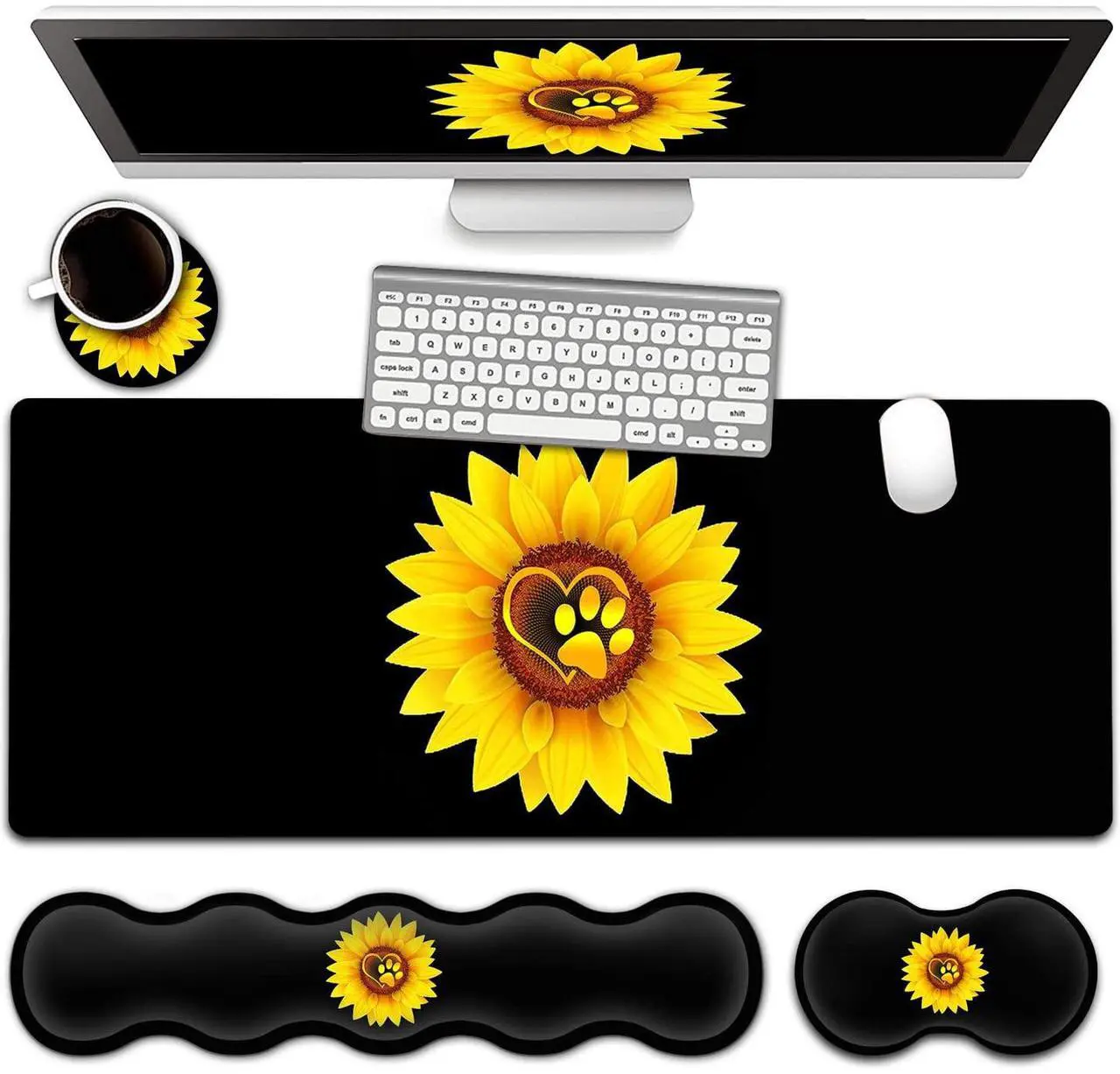 Main image of Gaming Mouse Pad Set, Large Mouse Pad and Ergonomic Memory Foam Keyboard Wrist Rest Support, Easy Typing Pain Relief Writing Mat, Extended Office Desk Mat Sunflower Dog Paw Print Black Mouse Pad