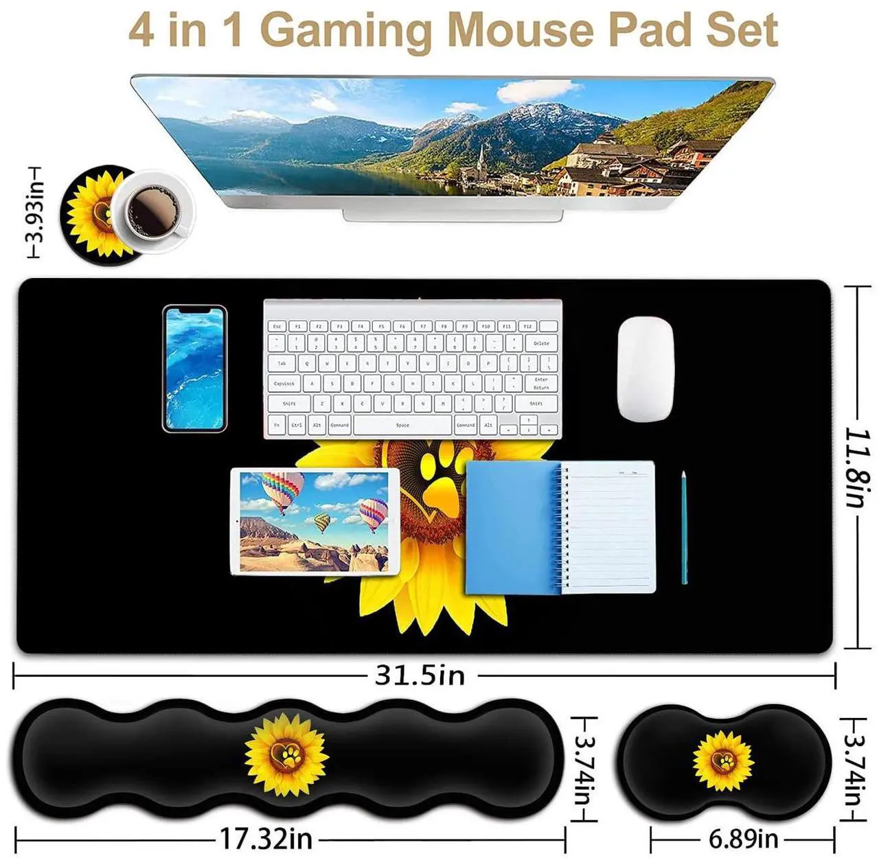 Alt view image 3 of 5 - Gaming Mouse Pad Set, Large Mouse Pad and Ergonomic Memory Foam Keyboard Wrist Rest Support, Easy Typing Pain Relief Writing Mat, Extended Office Desk Mat Sunflower Dog Paw Print Black Mouse Pad