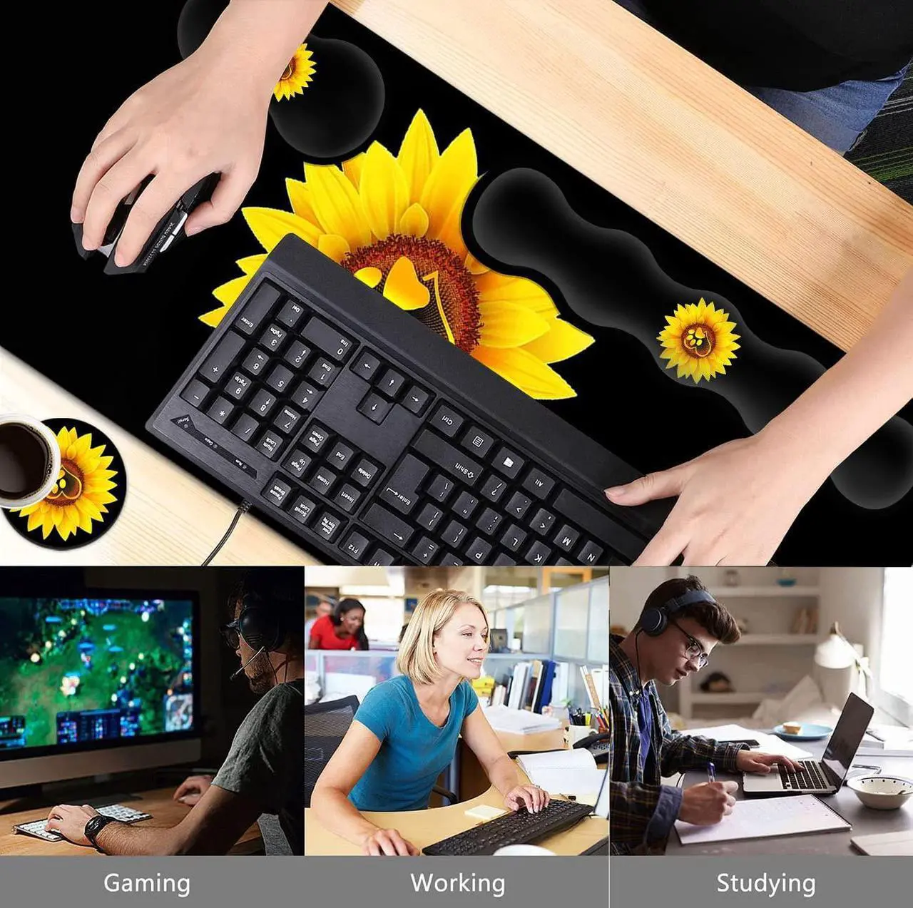 Alt view image 2 of 5 - Gaming Mouse Pad Set, Large Mouse Pad and Ergonomic Memory Foam Keyboard Wrist Rest Support, Easy Typing Pain Relief Writing Mat, Extended Office Desk Mat Sunflower Dog Paw Print Black Mouse Pad