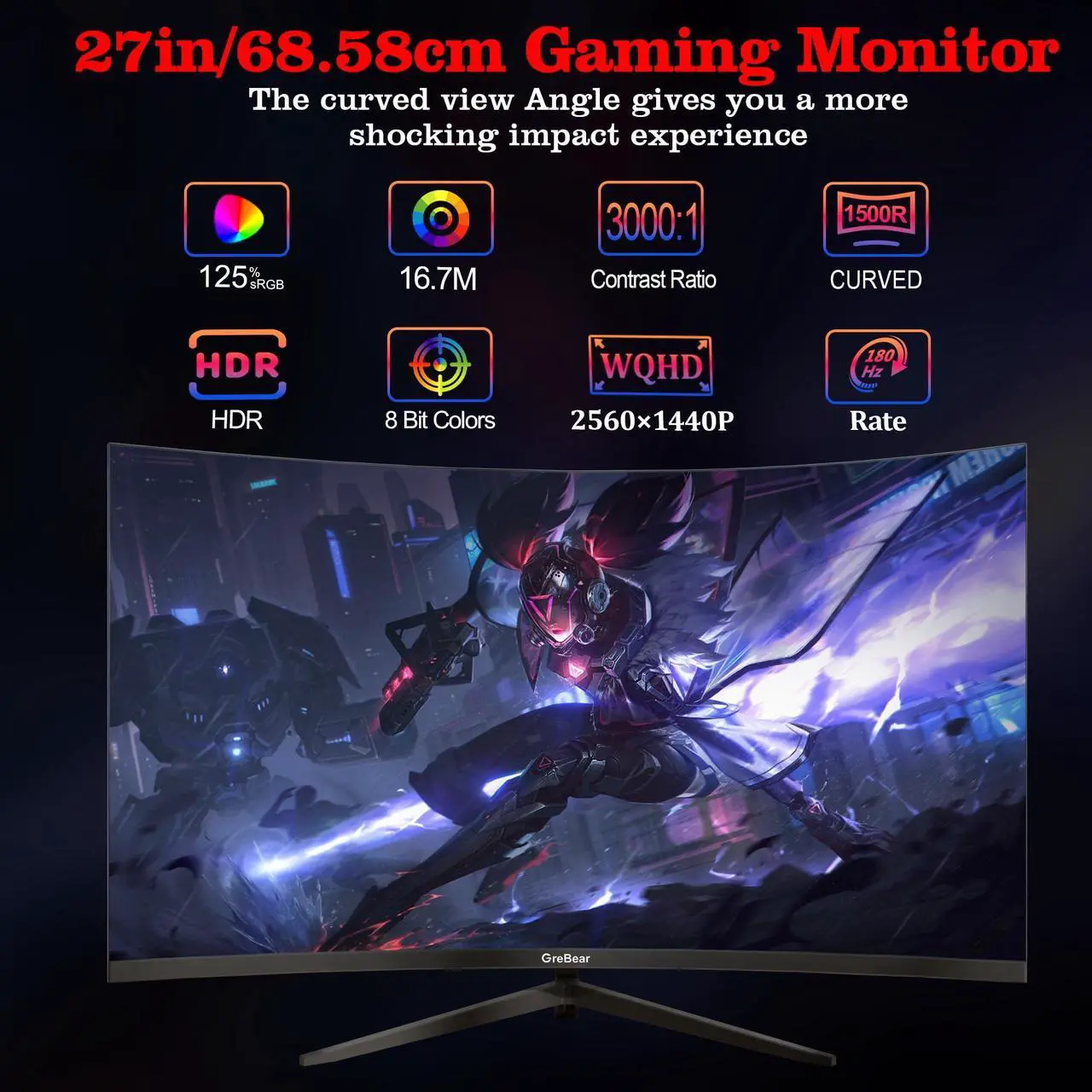 Alt view image 2 of 5 - 27 Inch Curved Monitor 1440P 180HZ 2K, Professional IPS PC Gaming Display QHD 2560x1440p Home Office Computer Screen, HDMI, DP, AdaptiveSync, 1500R, Tilt Adjustable, Build-in Speaker, 100x100mm VESA