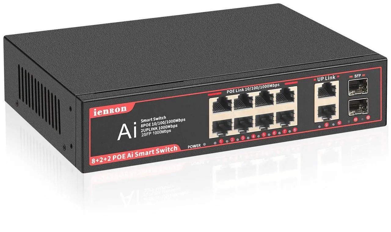 Main image of ienRon POE Gigabit Switch 8 Ports with 2 Uplink and 2 1.25G SFP, 12 Ports POE Ethernet Network Switch with 120W AI Detection,802.3af/at Compliant |Fanless Design |Plug & Play