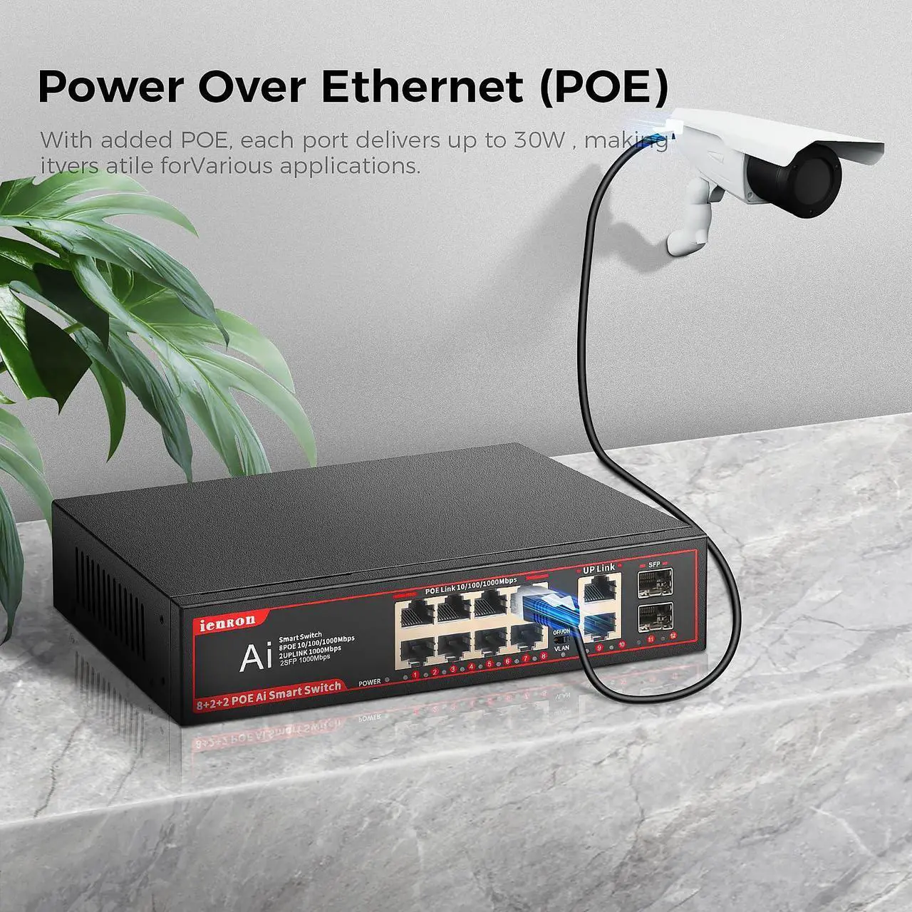 Alt view image 3 of 5 - ienRon POE Gigabit Switch 8 Ports with 2 Uplink and 2 1.25G SFP, 12 Ports POE Ethernet Network Switch with 120W AI Detection,802.3af/at Compliant |Fanless Design |Plug & Play