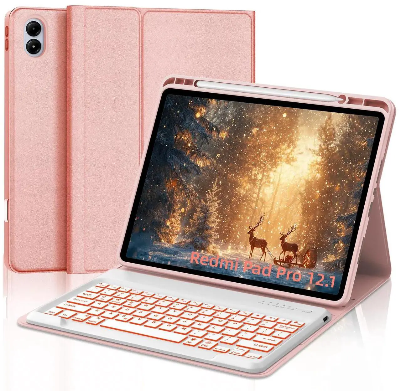 Main image of IVEOPPE Keyboard Case for Xiaomi Redmi Pad Pro 12.1 Inch 2024/Xiaomi Poco Pad 12.1", 7 Colors Backlit, Detachable Bluetooth Wireless Keyboard Slim PU Stand Cover with Pencil Holder,Rose Gold