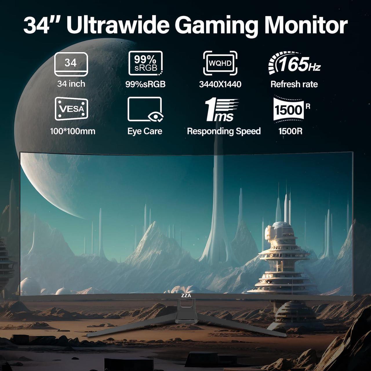 Alt view image 2 of 5 - ZZA 34 Inch Monitor Curved Ultrawide,34 Inch Gaming Curved Monitor R1500 165hz Refresh Rate165Hz(DP)/144HZ (HDMI) WQHD 3440x1440,Computer Monitors 1ms, FreeSync & G-Sync,HDR10,122% sRGB,VESA