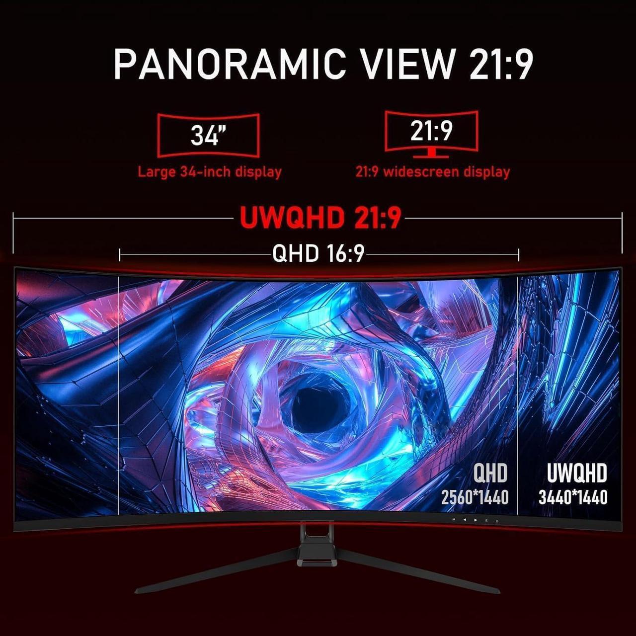 Alt view image 4 of 5 - ZZA 34 Inch Monitor Curved Ultrawide,34 Inch Gaming Curved Monitor R1500 165hz Refresh Rate165Hz(DP)/144HZ (HDMI) WQHD 3440x1440,Computer Monitors 1ms, FreeSync & G-Sync,HDR10,122% sRGB,VESA