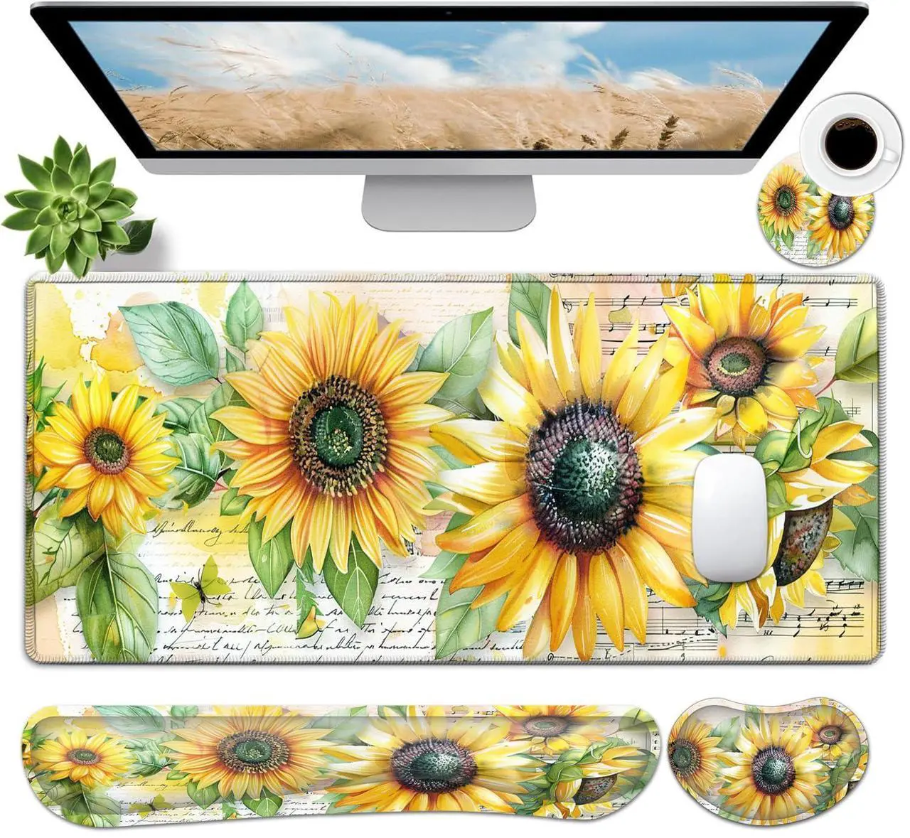 Main image of JVGFYNKL Large Gaming Mouse Pad Set, Ergonomic Memory Foam Keyboard Wrist Rest Support + Mouse Wrist Rest + Extended Desk Mat with Non-Slip Rubber Base, Sunflower 1 Patern Desk Pad