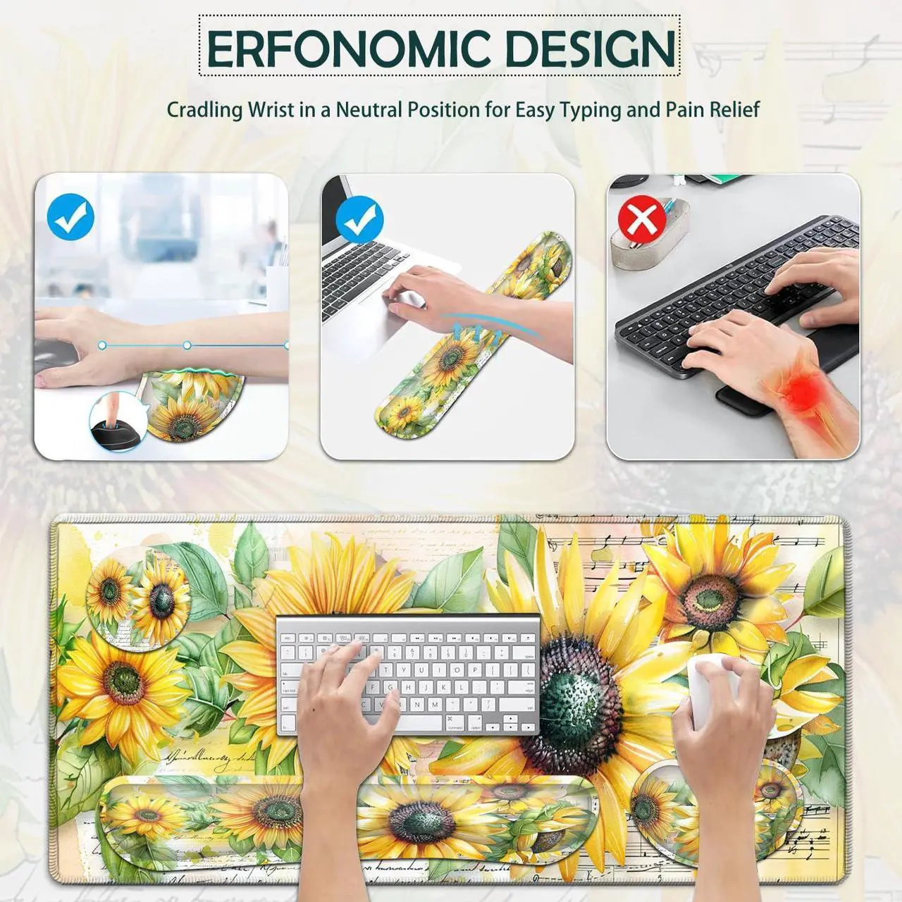 Alt view image 3 of 5 - JVGFYNKL Large Gaming Mouse Pad Set, Ergonomic Memory Foam Keyboard Wrist Rest Support + Mouse Wrist Rest + Extended Desk Mat with Non-Slip Rubber Base, Sunflower 1 Patern Desk Pad