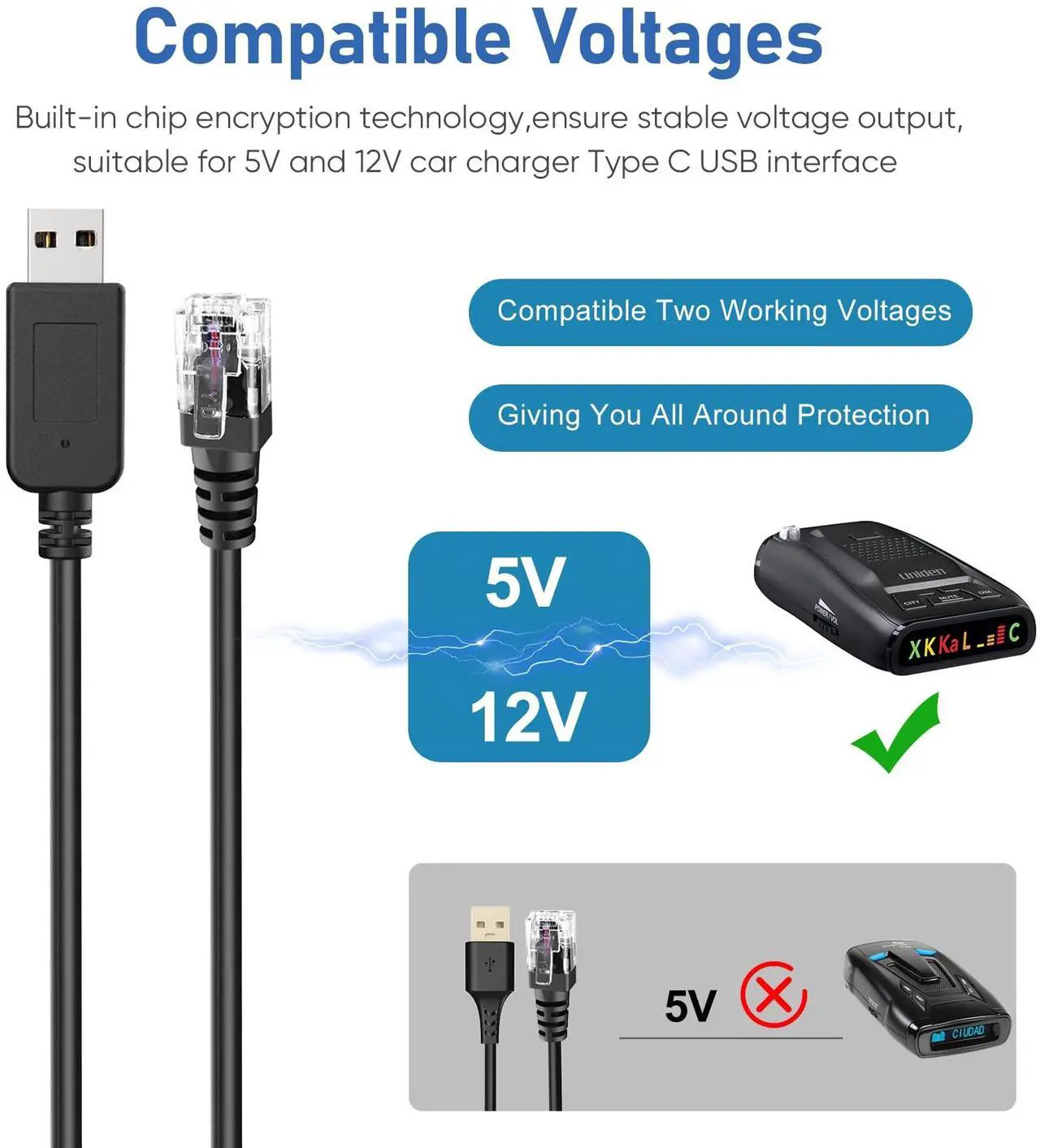 Alt view image 3 of 5 - Radar Detector Cable, USB to RJ11 Plug Radar Detectors Charging Kit,for Escort Passport 7500 9500i Max360 Unide R4 DFR8 Beltronics Cob'r'a DualPro 360 Radenso XP etc Radar Detector(RJ11-3.3FT)