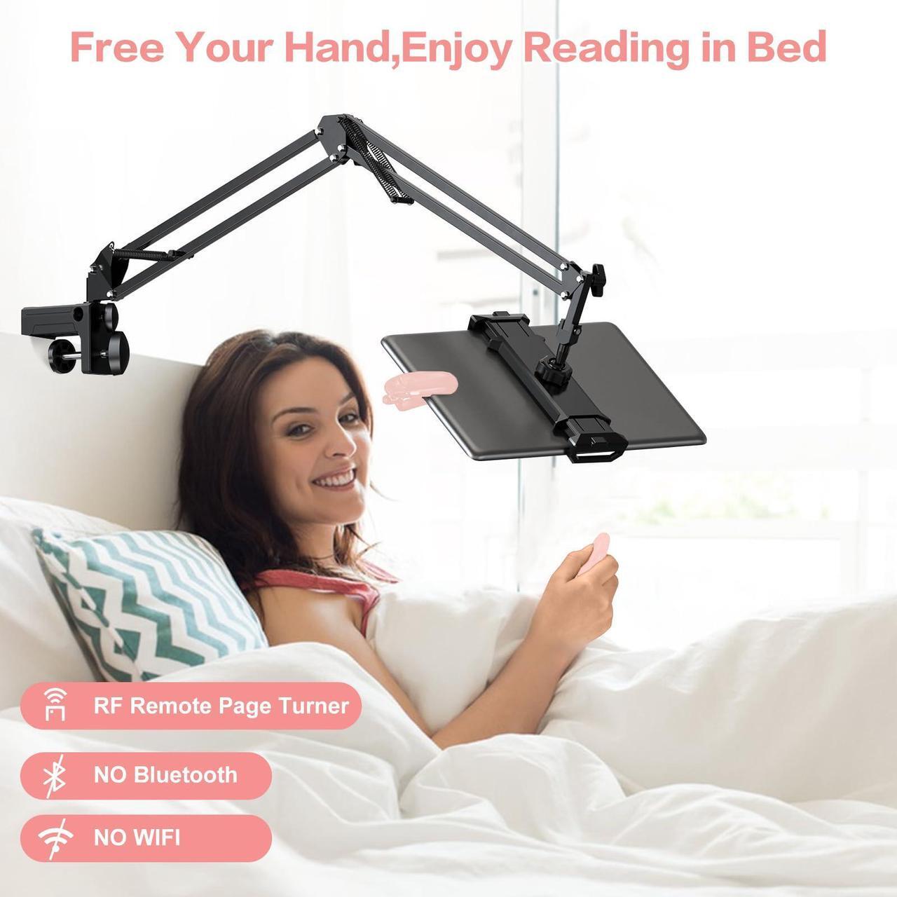 Alt view image 2 of 5 - Tablet Holder for Kindle Reading in Bed with Remote Page Turner, Lazy Arm Stand for Kindle Accessories Paperwhite Colorsoft, Desk Bedside Stand for Pad,Ebook APP,Gifts for Readers Women Men (Pink)