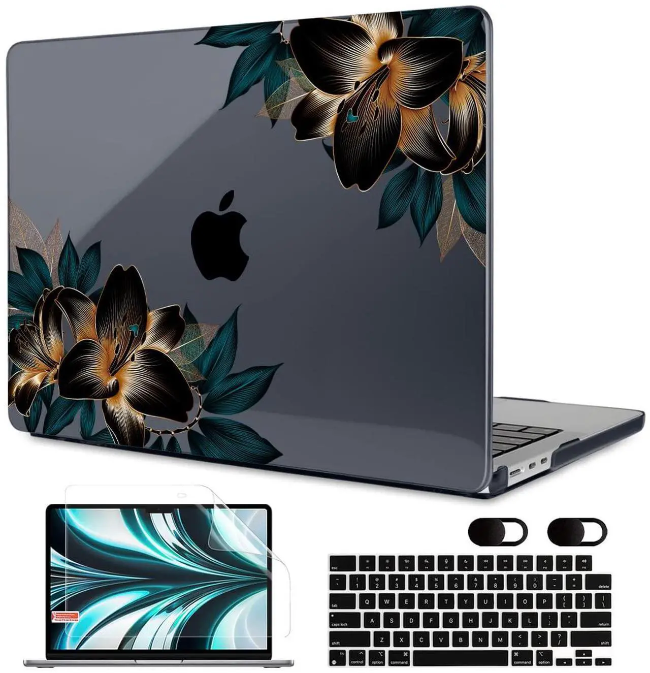 Main image of MEEgoodo Case for MacBook Air M4/M3/M2 13.6 inch 2025 2024 2022, Fit Model A3240 A3113 A2681, Compatible with MacBook Air 13 inch, Laptop Hard Shell Case with Keyboard Cover, Golden Lilies