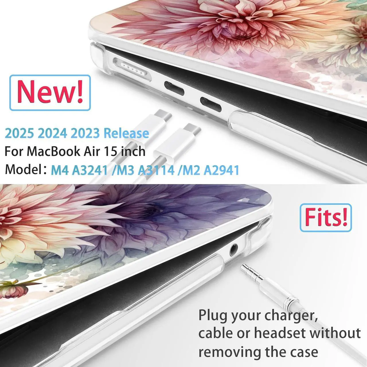 Alt view image 2 of 5 - Mektron Designed for 2025/2024/2023 MacBook Air 15 INCH M4 A3241 /M3 A3114 /M2 A2941 Case, Printed Plastic Hard Shell Cover with 15.3" Liquid Retina Display Touch ID, Watercolor Dahlias
