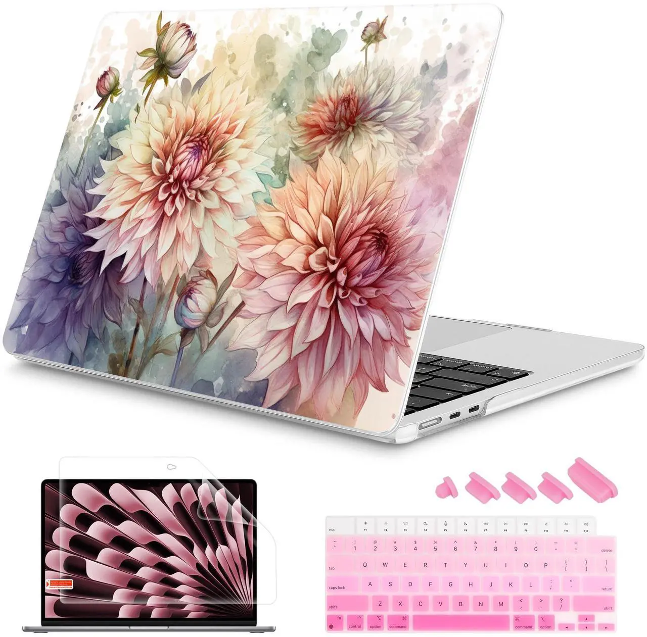 Main image of Mektron Designed for 2025/2024/2023 MacBook Air 15 INCH M4 A3241 /M3 A3114 /M2 A2941 Case, Printed Plastic Hard Shell Cover with 15.3" Liquid Retina Display Touch ID, Watercolor Dahlias