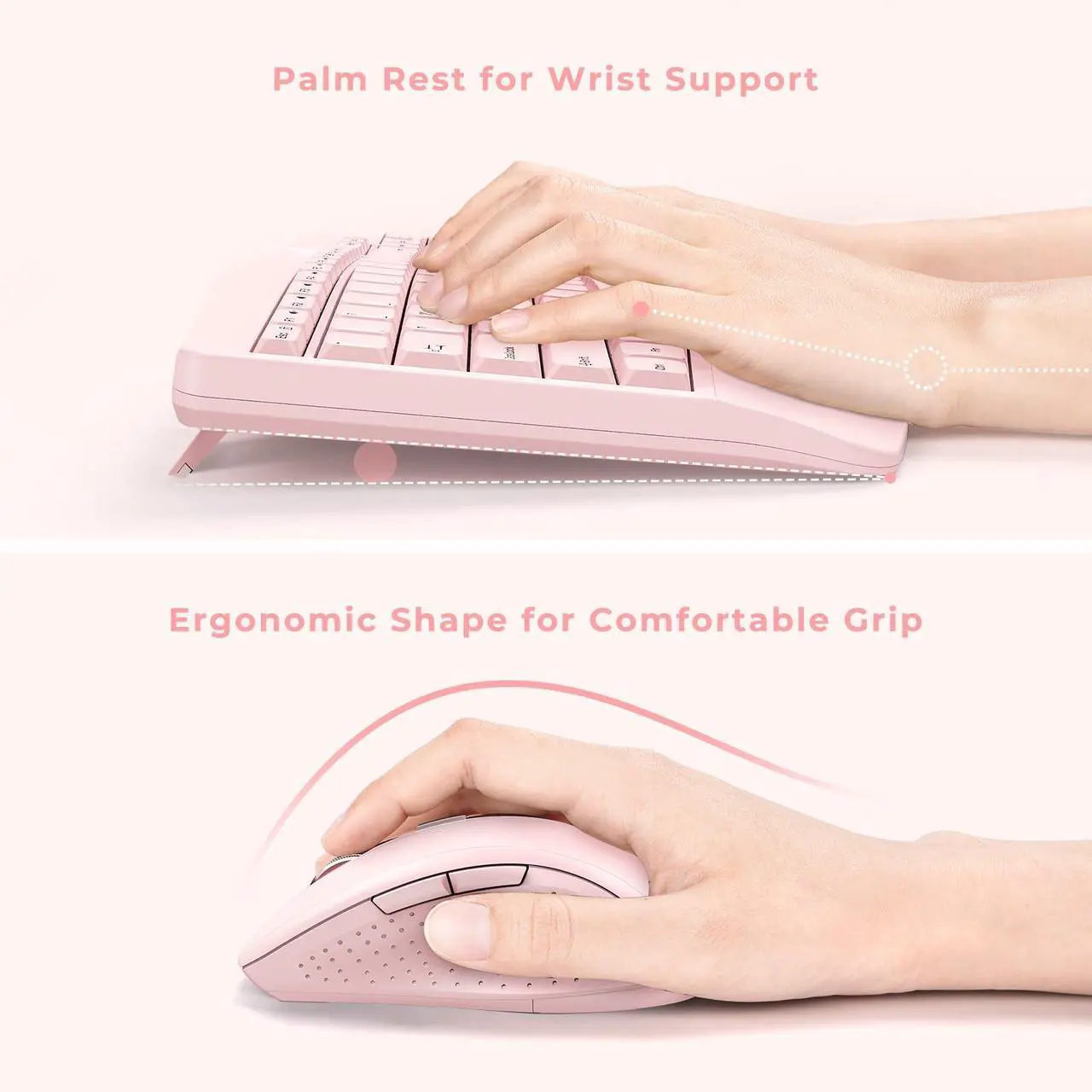 Alt view image 2 of 5 - Wireless Keyboard and Mouse - Full Size Ergonomic Keyboard with Palm Wrist Rest Ergonomic Mouse Cordless for Windows Computers Laptops - Light Pink (Upgrade)