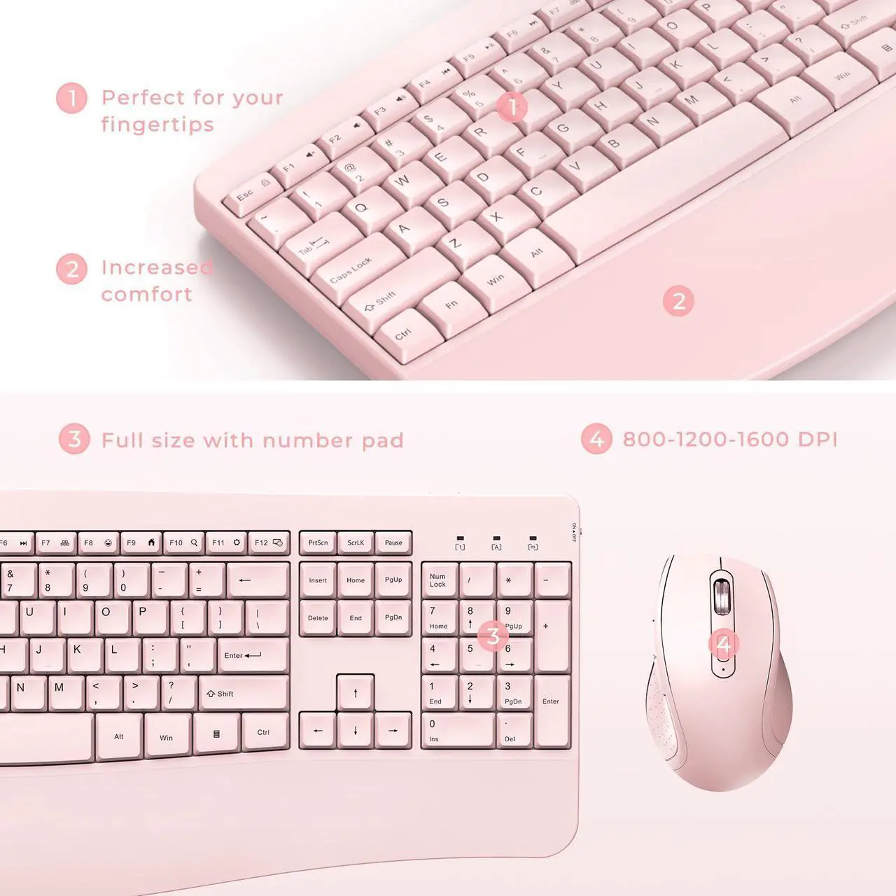 Alt view image 4 of 5 - Wireless Keyboard and Mouse - Full Size Ergonomic Keyboard with Palm Wrist Rest Ergonomic Mouse Cordless for Windows Computers Laptops - Light Pink (Upgrade)