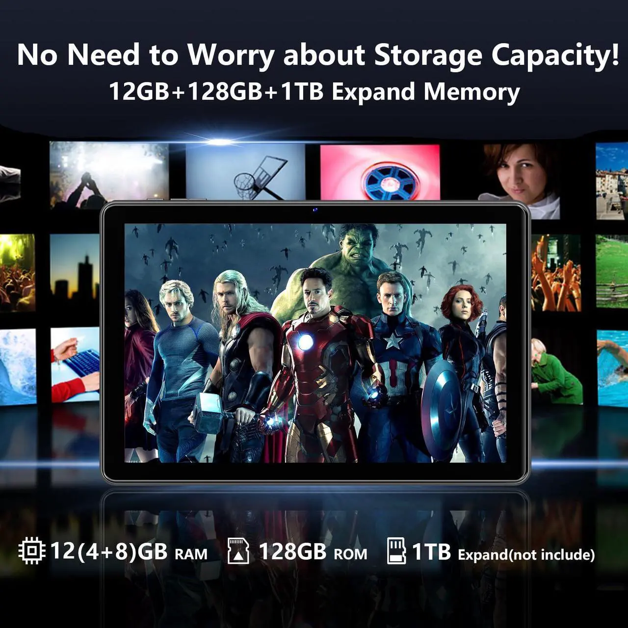 Alt view image 3 of 5 - Rebecco 2024 Tablet 10 Inch Android 14 Tablets, 12GB RAM+128GB ROM(Expand to 1TB), Octa Core 1280 * 800 IPS HD Display Android Tablet, Unisoc A523 CPU, 5G/2.4G WiFi, Dual 5MP+8MP Camera,(Gray)