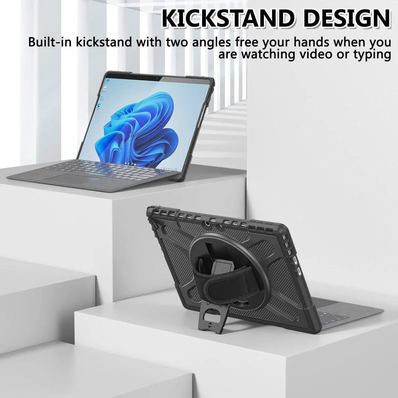 Alt view image 4 of 5 - Rantice Compatible with Microsoft Surface Pro 9/10/11 Case 13 inch, Heavy Duty Rugged Shockproof Drop Protection Case with 360 Rotating Stand,Hand Strap Compatible with Type Cover Keyboard (Black)