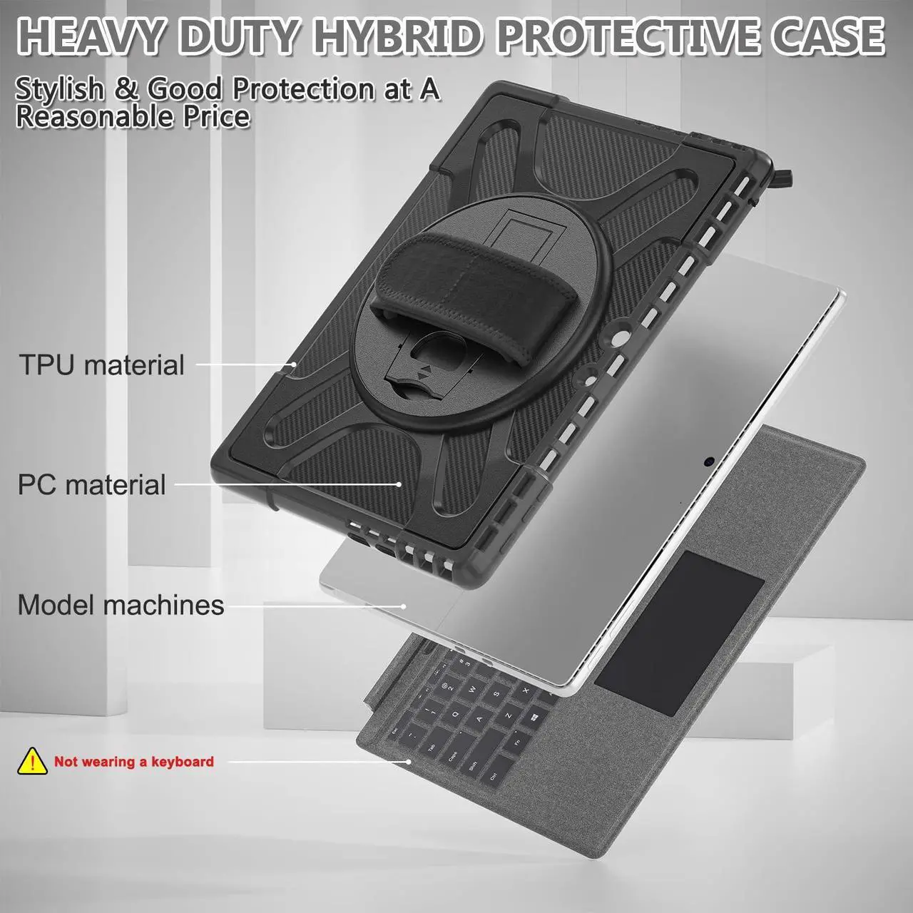 Alt view image 3 of 5 - Rantice Compatible with Microsoft Surface Pro 9/10/11 Case 13 inch, Heavy Duty Rugged Shockproof Drop Protection Case with 360 Rotating Stand,Hand Strap Compatible with Type Cover Keyboard (Black)