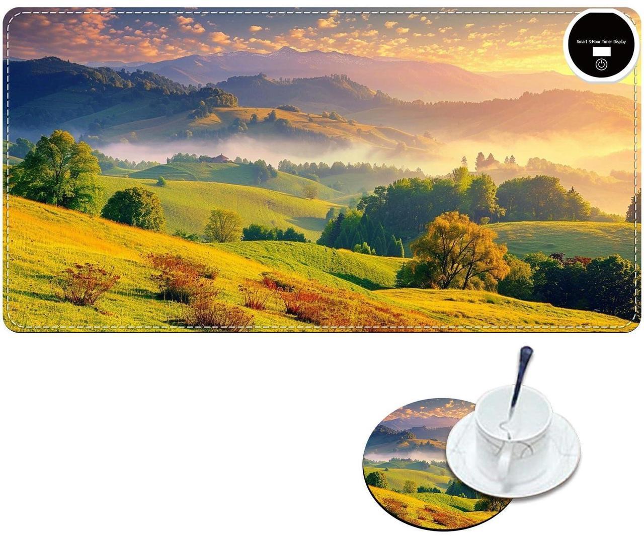 Main image of RWUTYTIUL Heated Mouse Pad with 6 Heating Levels, Warm Desk Mats with Coasters, 31.5" x 13" Computer Keyboard Mouse Mat Non-Slip Desk Mat Hand Warmer for Work Game Players Office, Forest
