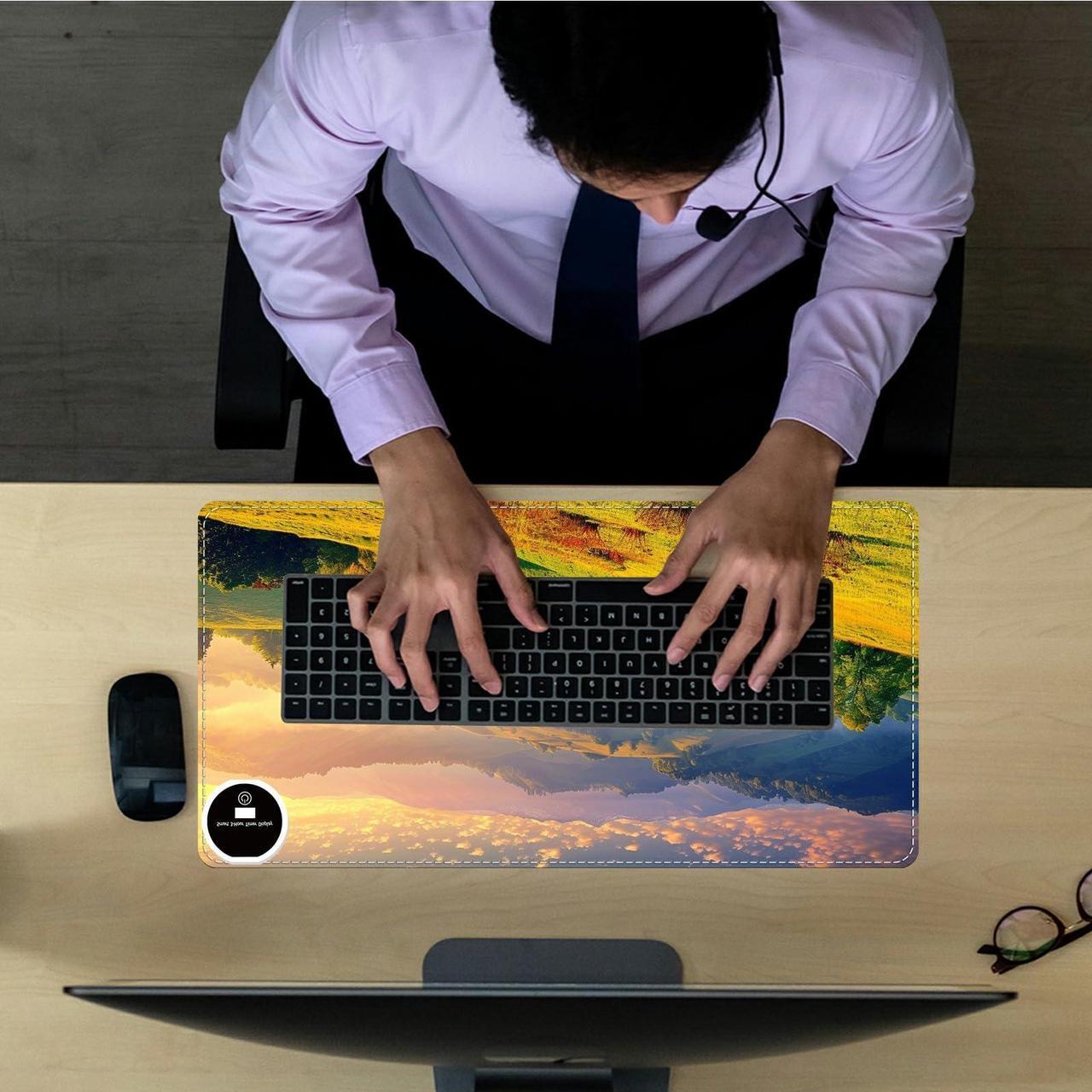 Alt view image 5 of 5 - RWUTYTIUL Heated Mouse Pad with 6 Heating Levels, Warm Desk Mats with Coasters, 31.5" x 13" Computer Keyboard Mouse Mat Non-Slip Desk Mat Hand Warmer for Work Game Players Office, Forest