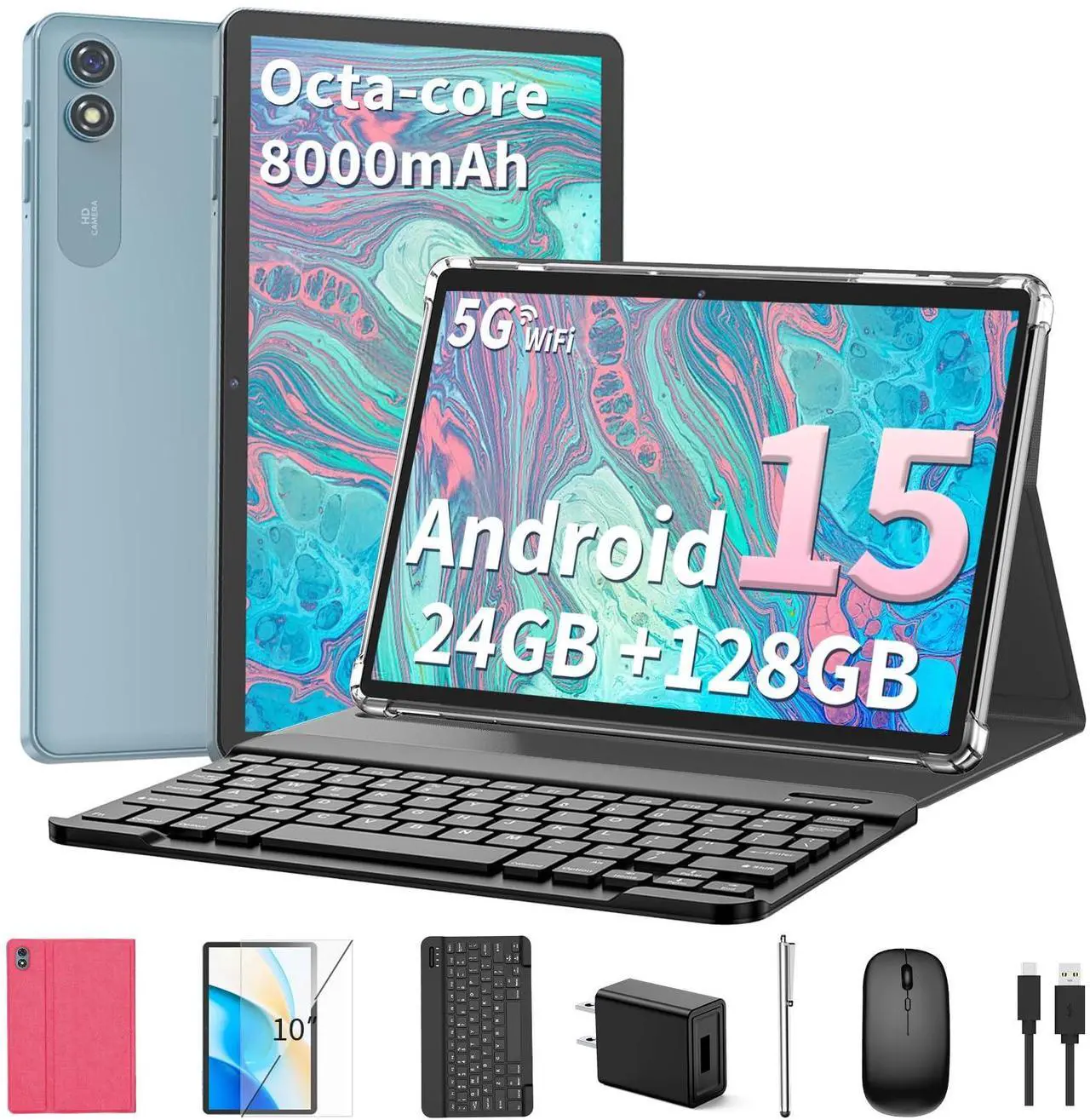 Main image of Relndoo 2025 Android 15 Tablet with Keyboard, 24GB+128GB+2TB Expand, 10 Inch Octa-Core 2-in-1 Tablets with 5G/2.4G WiFi, 8000mAh, BT5.0, GMS Certified, with Mouse, Case, Stylus, Split Screen(Pink)