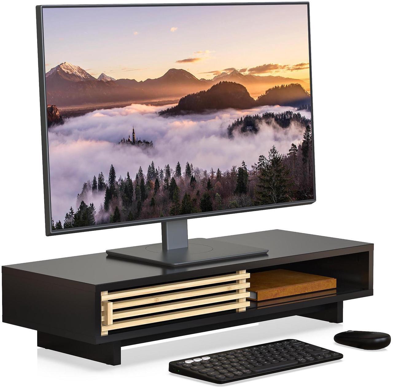 Main image of WELL WENG Monitor Stand Riser with Sliding Door, Computer Laptop Stand Desk Shelf Organizer with Storage (Black + Natural Bamboo, 25 Inch)