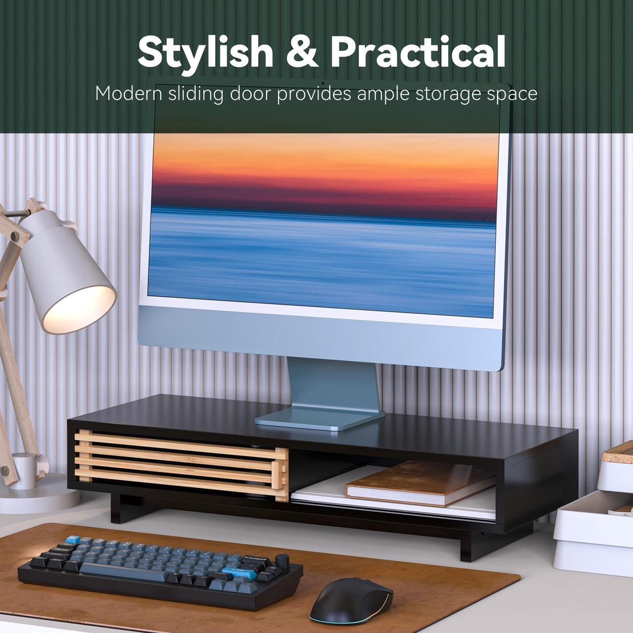 Alt view image 4 of 5 - WELL WENG Monitor Stand Riser with Sliding Door, Computer Laptop Stand Desk Shelf Organizer with Storage (Black + Natural Bamboo, 25 Inch)