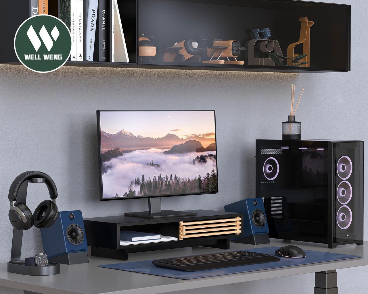 Alt view image 2 of 5 - WELL WENG Monitor Stand Riser with Sliding Door, Computer Laptop Stand Desk Shelf Organizer with Storage (Black + Natural Bamboo, 25 Inch)