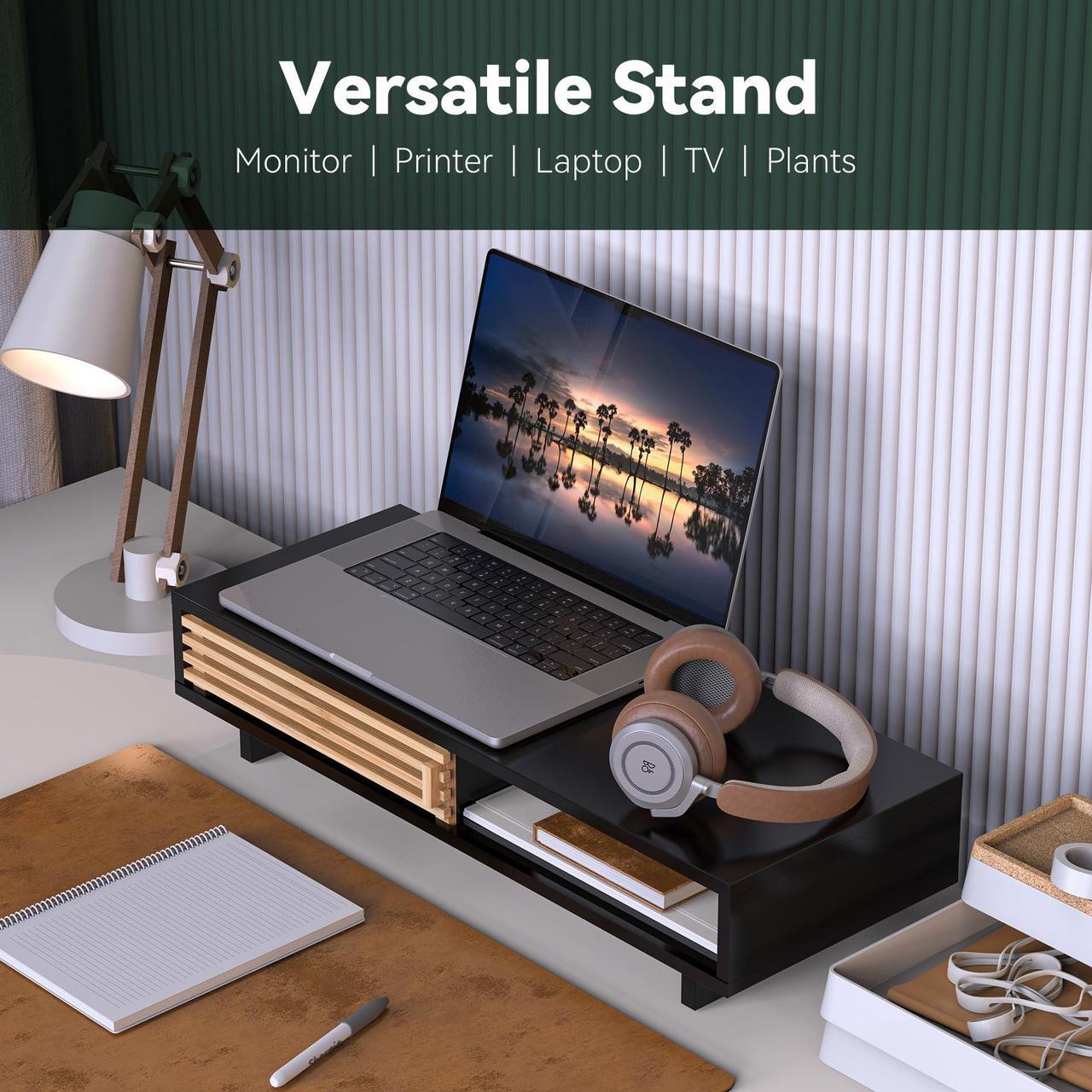 Alt view image 3 of 5 - WELL WENG Monitor Stand Riser with Sliding Door, Computer Laptop Stand Desk Shelf Organizer with Storage (Black + Natural Bamboo, 25 Inch)