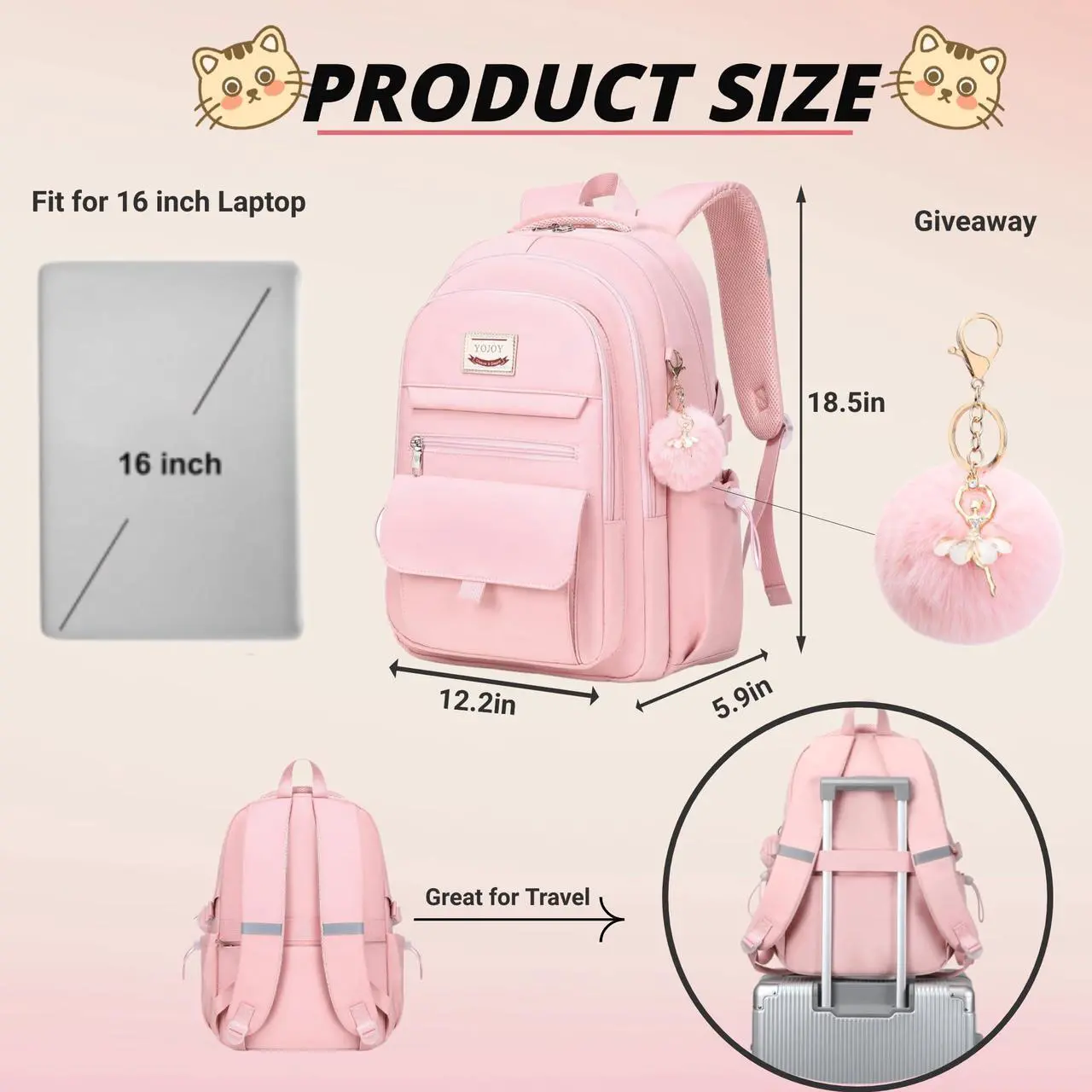 Alt view image 5 of 5 - YOJOY Laptop Backpack 15.6 Inch College Backpacks for Women, School Backpack for Girls,Students Aesthetic Anti Theft Travel Daypack Large Bookbags Middle High School Back Pack(Pink)