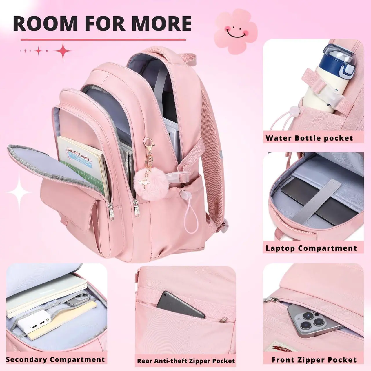 Alt view image 3 of 5 - YOJOY Laptop Backpack 15.6 Inch College Backpacks for Women, School Backpack for Girls,Students Aesthetic Anti Theft Travel Daypack Large Bookbags Middle High School Back Pack(Pink)