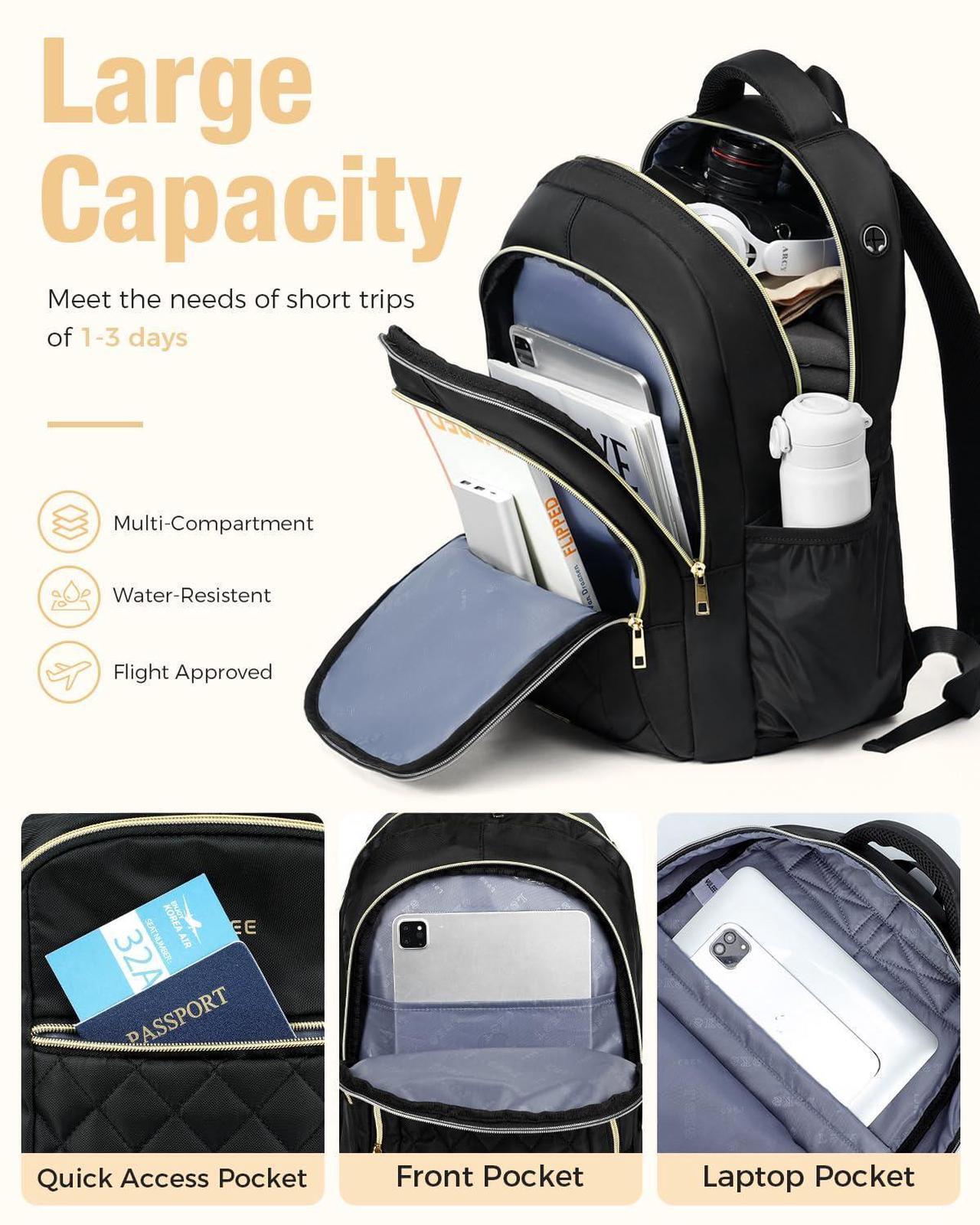 Alt view image 2 of 5 - YULEEE Laptop Backpack for Women - 15.6 Inch Carry On Travel Backpacks with USB Charging Hole Water Resistant Computer Bag Back Pack Casual Daypack for College Work Nurse Teacher Black