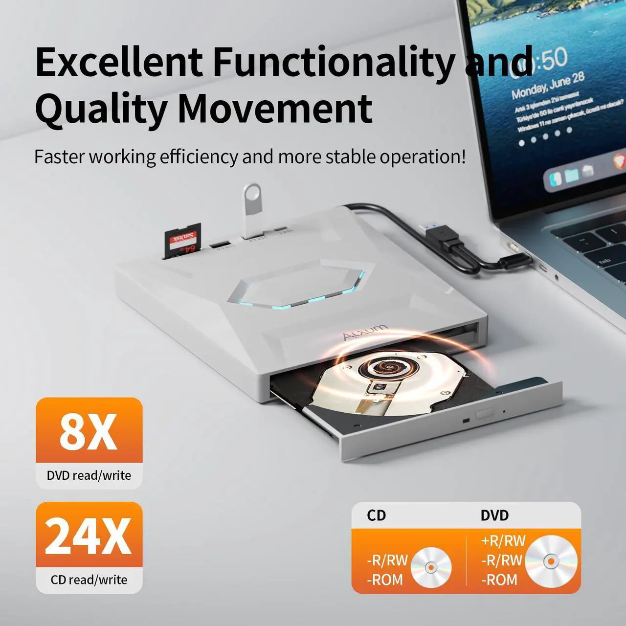 Alt view image 3 of 5 - Alxum USB DVD Drive External - Type-C USB 3.0 CD Burner with SD Slot & USB Ports DVD 8X CD 24X Super Fast Speed DVD Player for Laptop/PC/Window/Mac OS/Linux/Vista